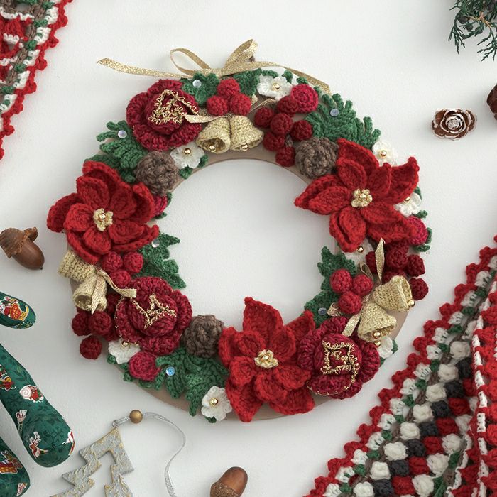 クリスマス限定出品☆ハンドメイド手編みリース ツリーオーナメントリボンレース編み クリスマス限定出品☆ハンドメイド手編みリース ツリー