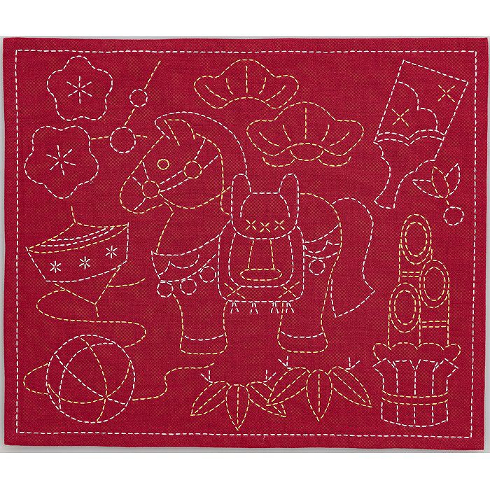 【ニー】白に赤が映えるロホリカンタ　刺し子　刺繍布　　フリンジ 刺し子 メリークリスマス | リバティ 生地、編み物、刺繍、刺し子の